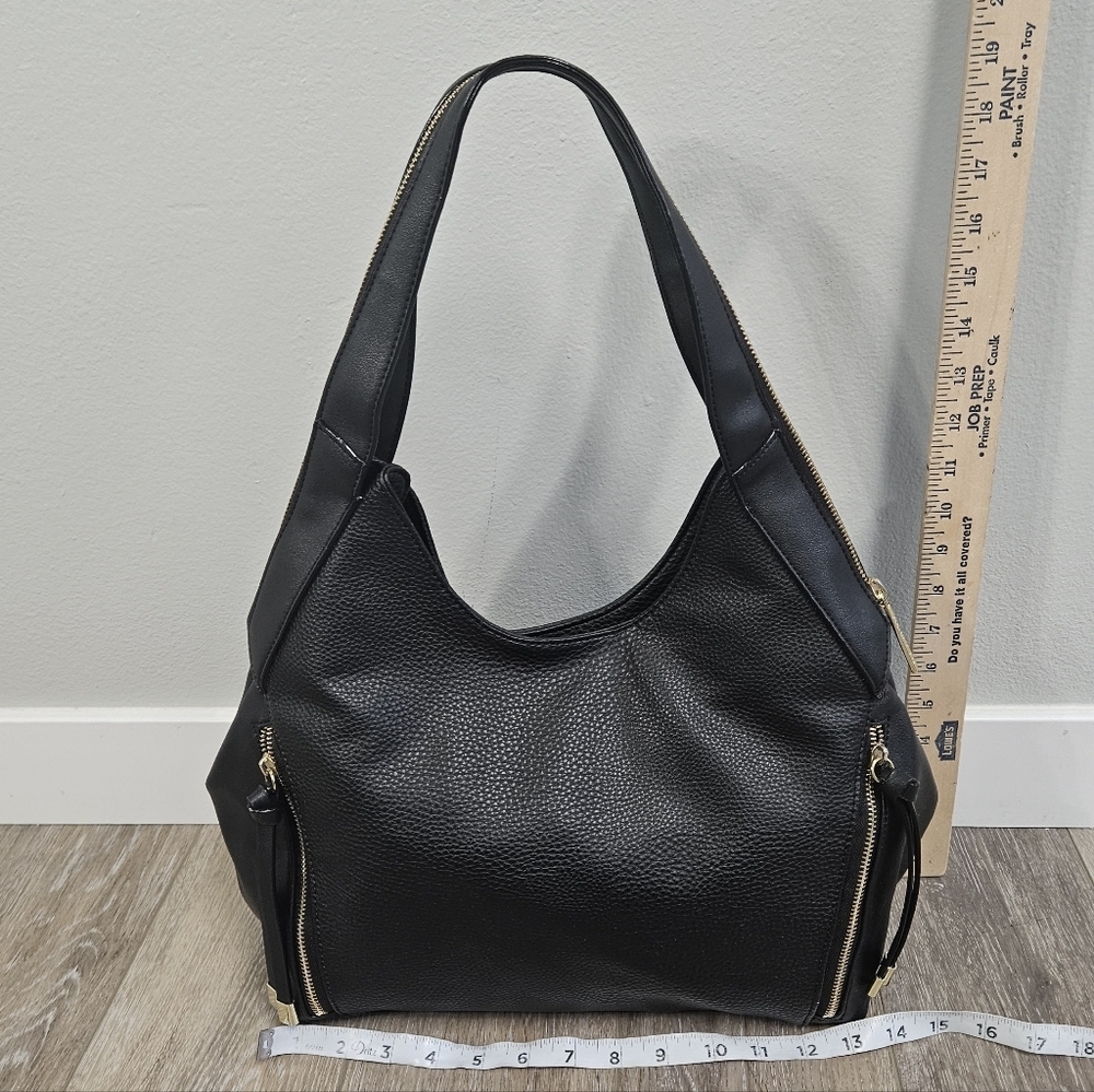 Olivia & Joy Faux Leather Multi Zipper Large Shoulder Bag Tote Black Women's - Picture 2 of 14